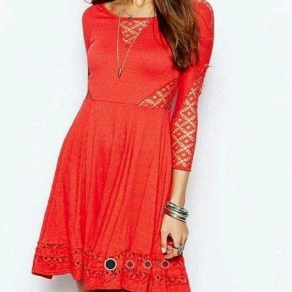 Free People Red Cut Out Lace Fit and Flare Dress - Picture 11 of 12